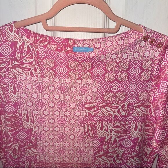J. McLaughlin pink and white jersey print top with pink button accents- sz small - Picture 3 of 11